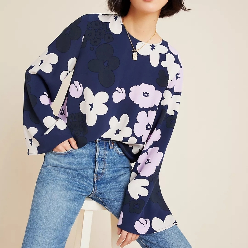 Merimekko Sorea Kevattalkoot Long Bell Sleeve Floral Blouse Sz 40, 10
